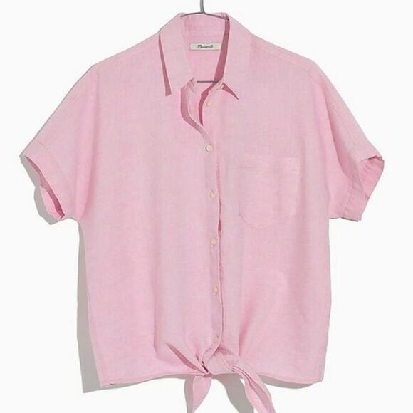 Madewell Pink Linen Short‎ Sleeve Button Up Waist Tie Shirt Size Medium - Picture 2 of 10